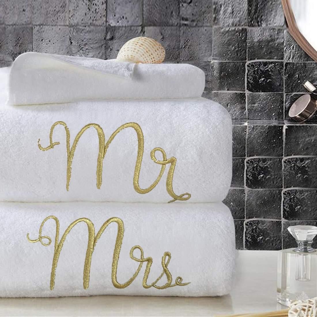 White And Gold Mr & Mrs Towels Set